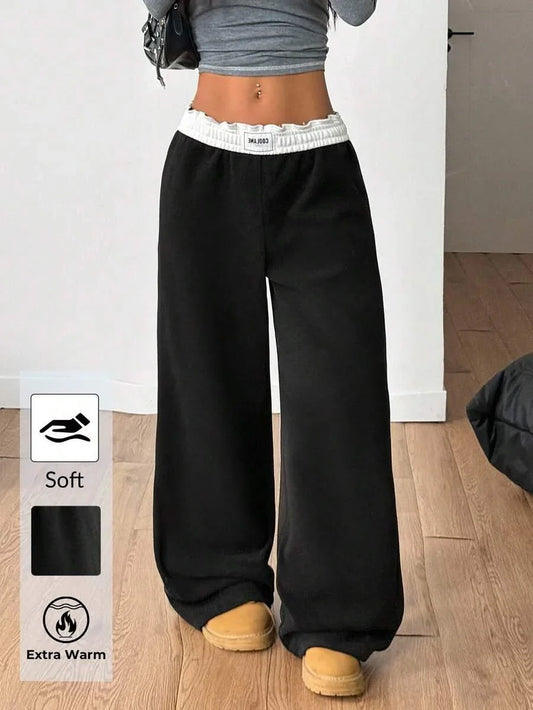 Black fleece baggy sweatpants with white waistband, soft extra warm, HUSTLE801 COOLANE pants