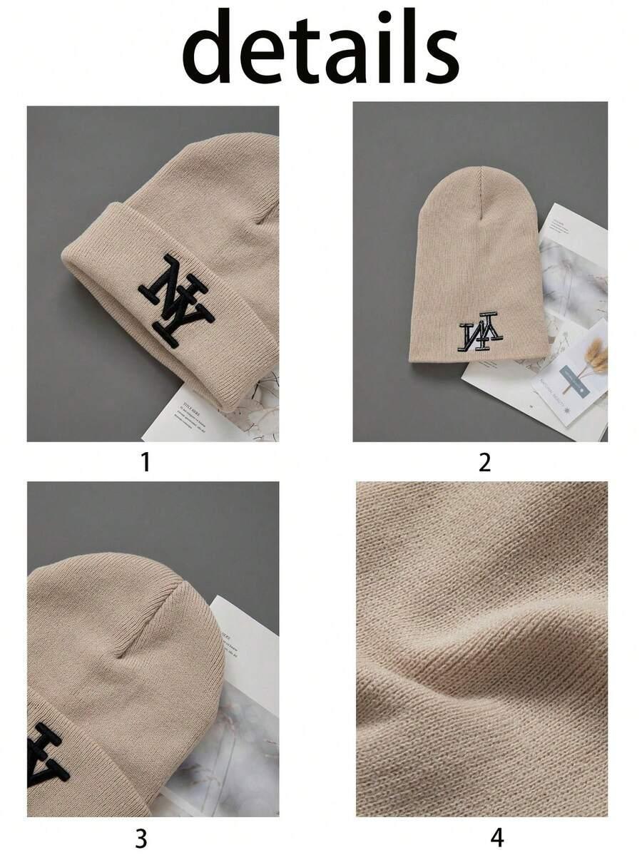 Beige knit cotton NY beanie with embroidered logo, cozy detail shots of HUSTLE801 That Girl beanie.