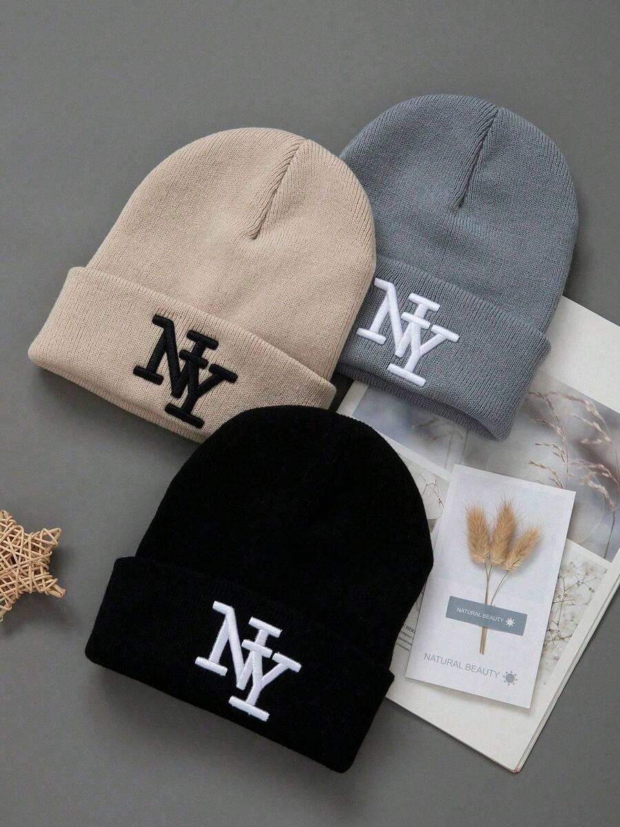 NY beanies in beige, gray, and black cotton with embroidered logo, That Girl collection, HUSTLE801