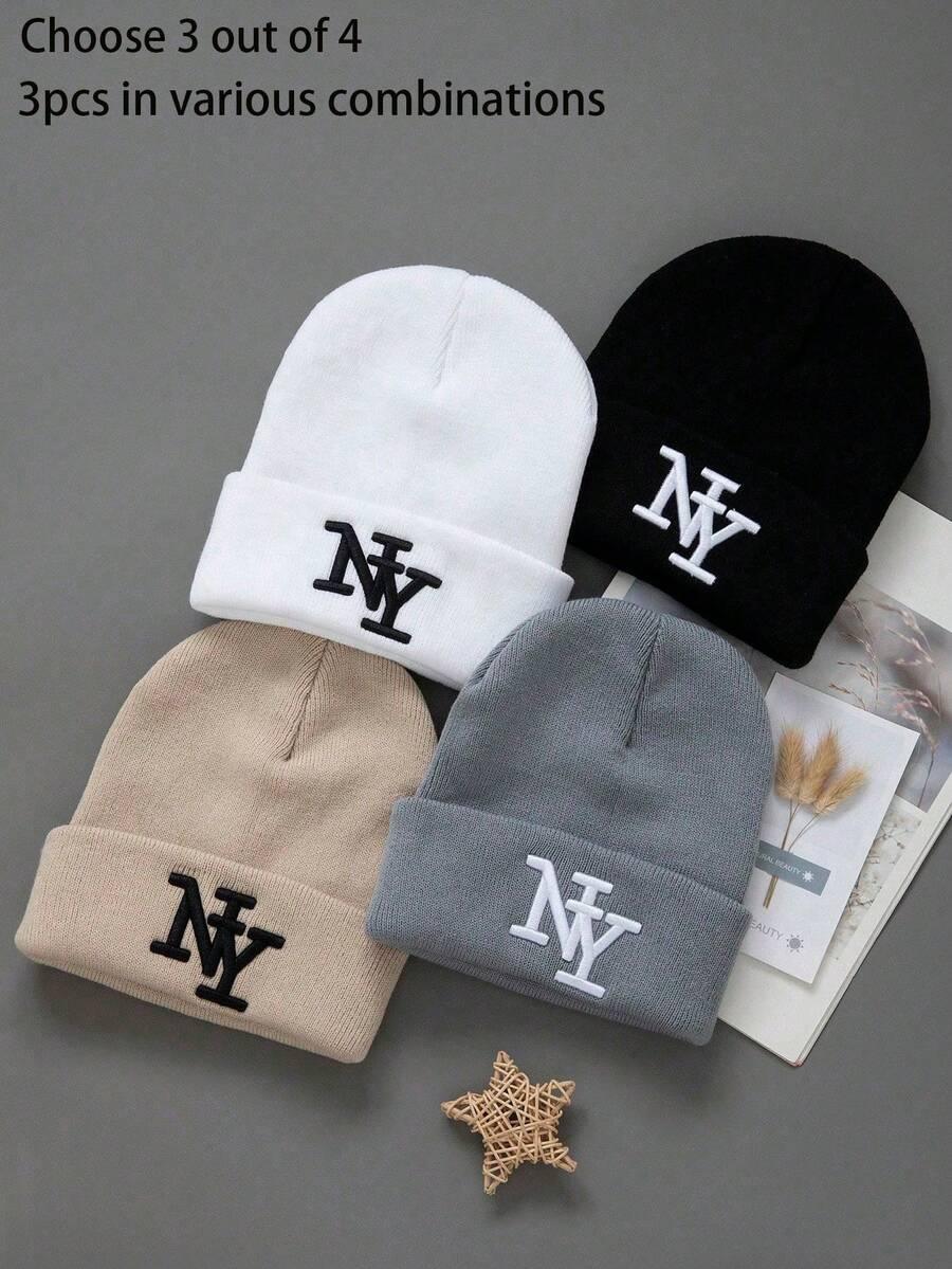 NY cotton beanies in black, white, beige, and gray, embroidered logo, pick 3, cozy winter hat