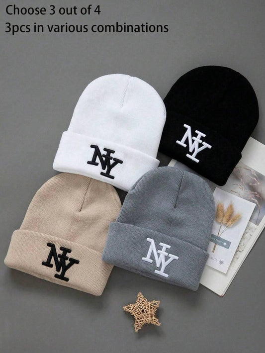 NY cotton beanies in black, white, beige, and gray, embroidered logo, pick 3, cozy winter hat