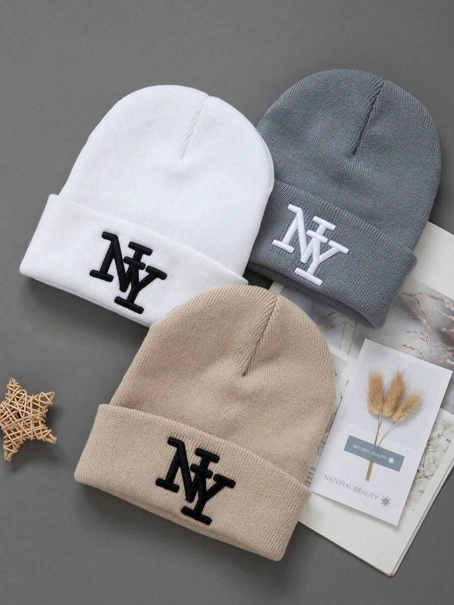 That Girl beanie by HUSTLE801 in white, grey, and beige cotton with NY logo embroidery