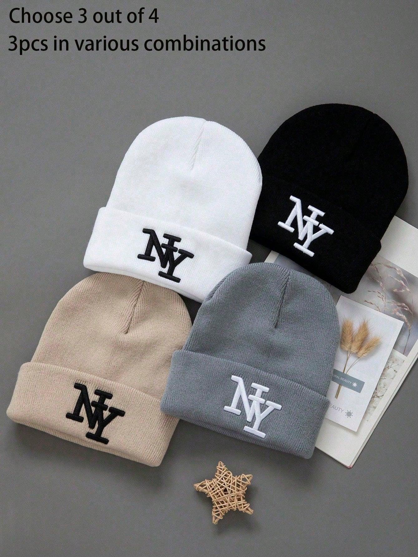 NY logo cotton beanies in black, white, beige, and grey, cozy knit winter hats from HUSTLE801