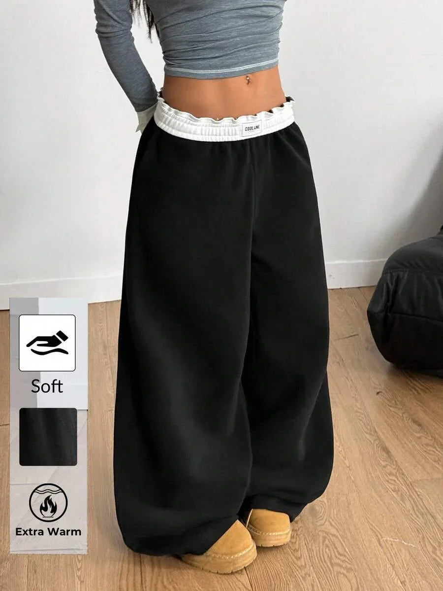 CORLAKE black fleece wide leg pants, extra warm, soft cotton streetwear