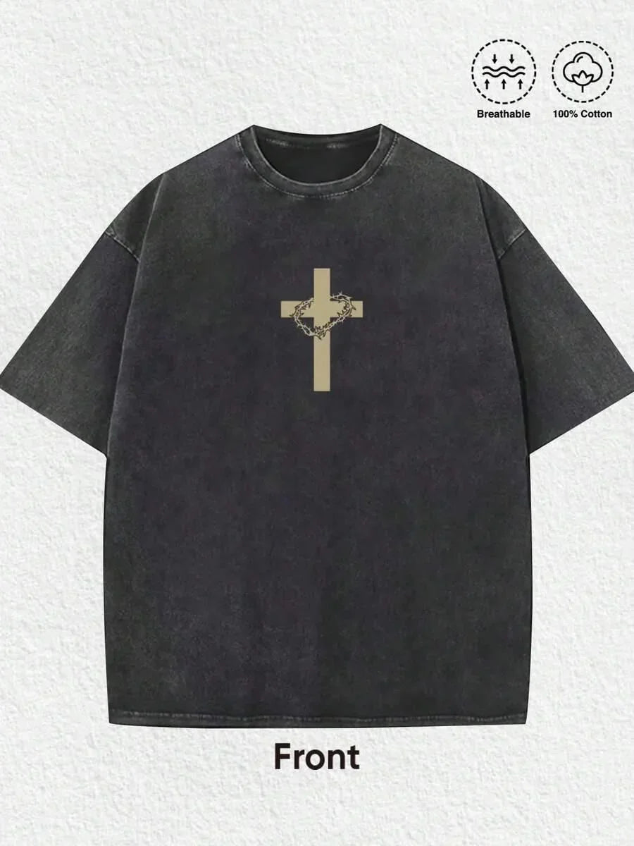 Black cotton tee with beige cross and crown graphic, HUSTLE801 Cross Tee, breathable material