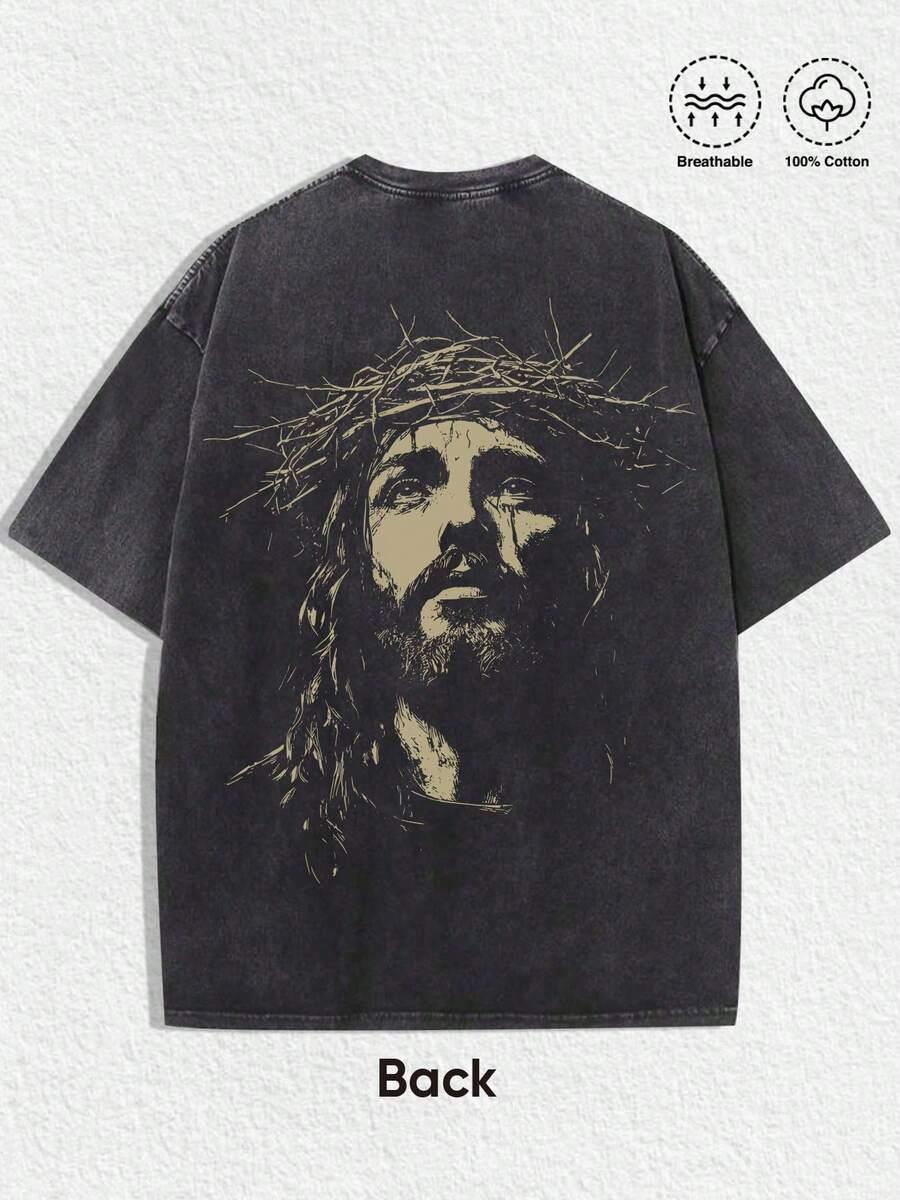 Black cotton HUSTLE801 Jesus Crown graphic tee, breathable, gold illustration on back
