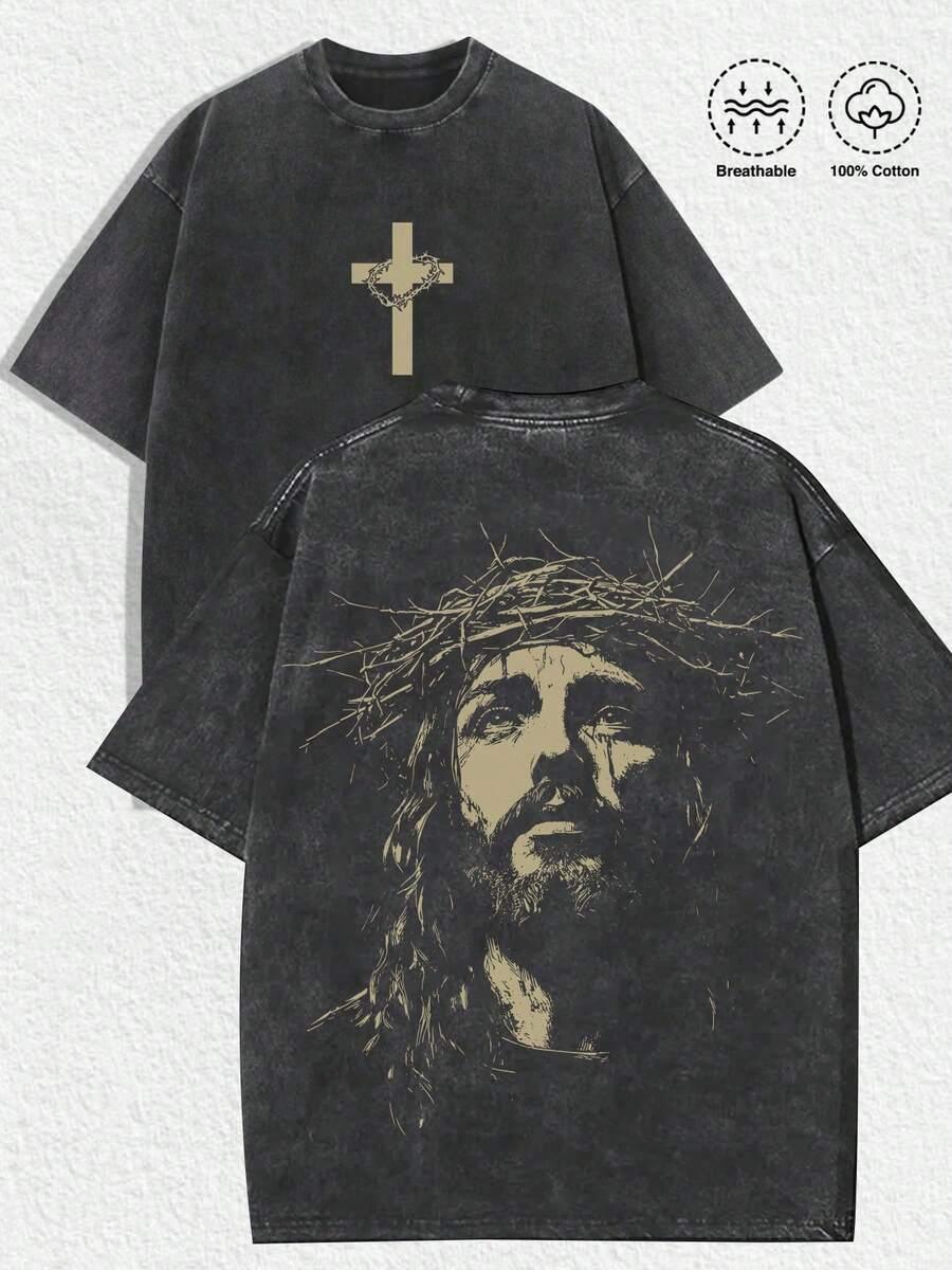 Black cotton HUSTLE801 Jesus Crown of Thorns T-shirt with beige cross graphic, breathable fabric
