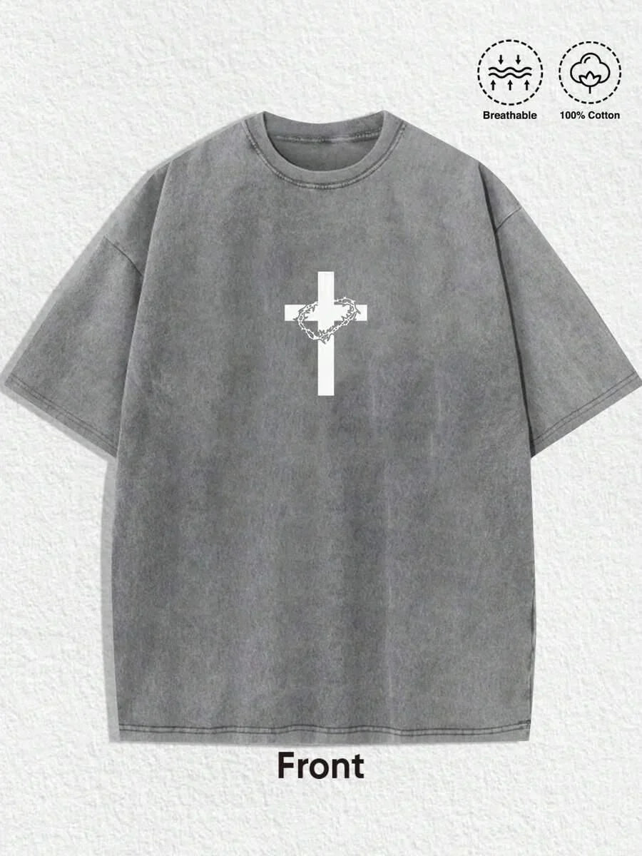 Grey 100% cotton oversized T-shirt with white cross and crown graphic, front view, HUSTLE801