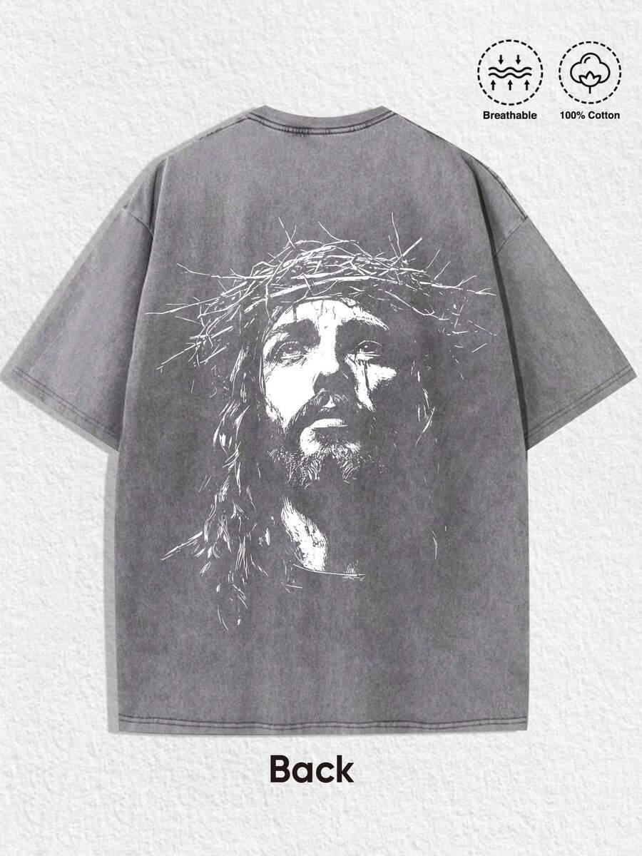 Gray 100% cotton t-shirt with white graphic of Jesus wearing a crown of thorns on the back, breathable material