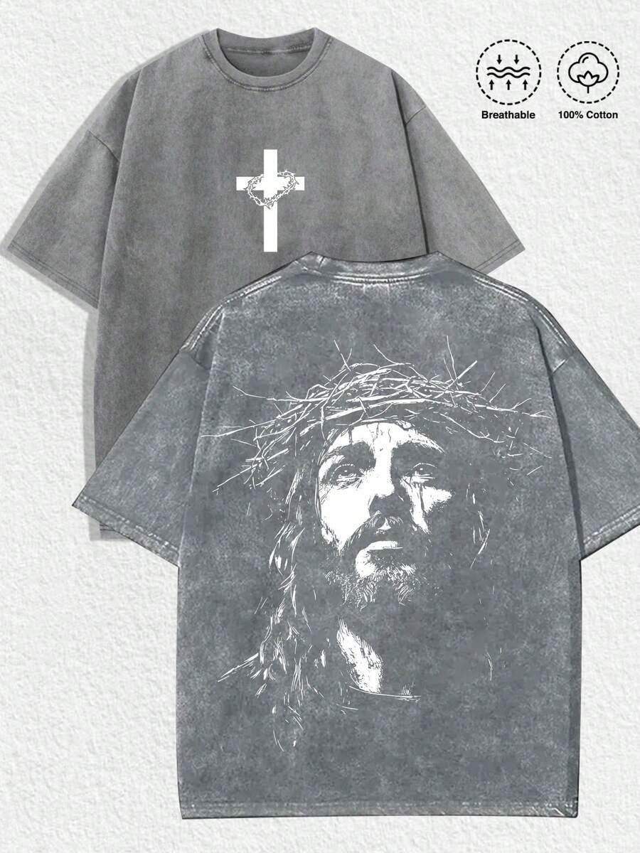 Grey 100% cotton HUSTLE801 Jesus Christ T-shirt with crown of thorns graphic and front cross design.