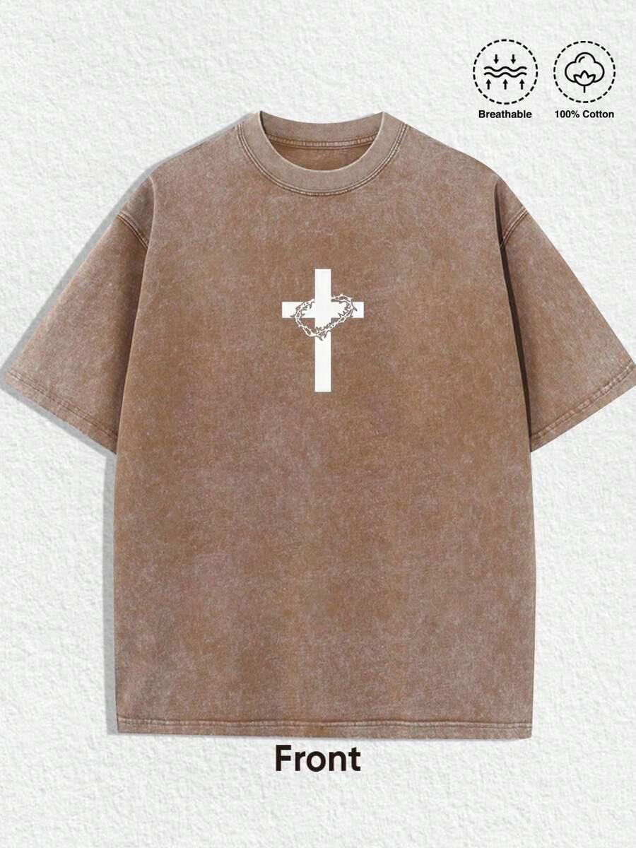 Brown cotton HUSTLE801 Cross Crown Tee with white cross and crown graphic, short sleeve, breathable fabric