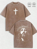 Brown 100% cotton HUSTLE801 Jesus Crown Tee featuring a white cross and Jesus graphic, breathable material