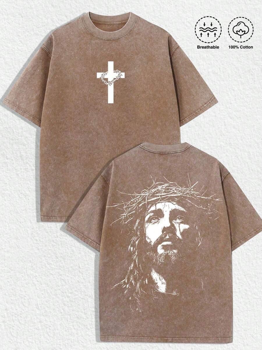 Brown 100% cotton HUSTLE801 Jesus Crown Tee featuring a white cross and Jesus graphic, breathable material
