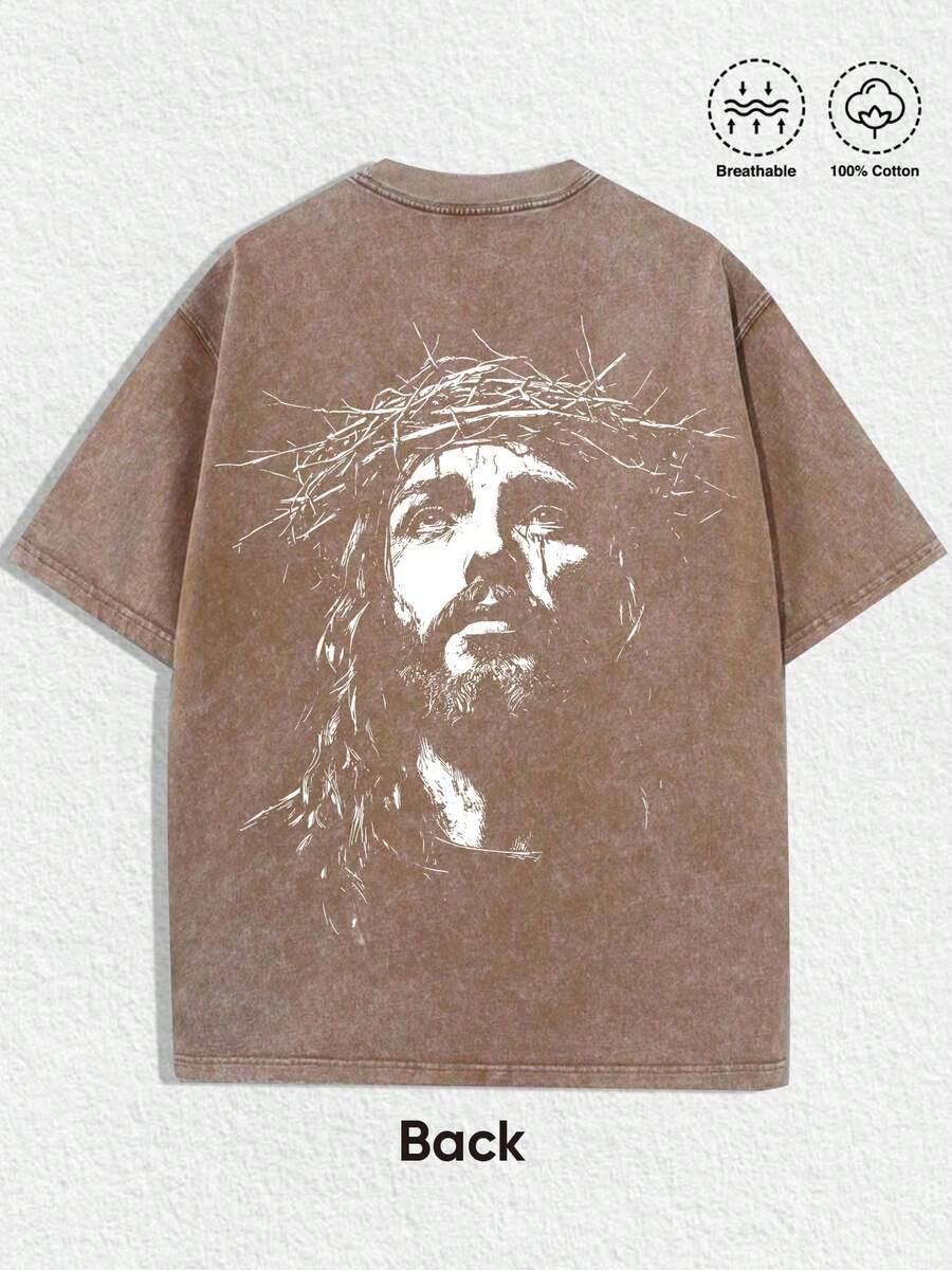 Brown 100% cotton oversized tee with Jesus graphic on back, breathable, HUSTLE801 Faith T-shirt