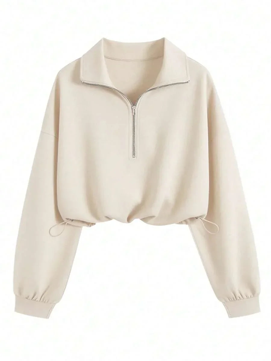Beige cotton half-zip pullover with drawstring waist, HUSTLE801 Essential Quarter-Zip Sweatshirt