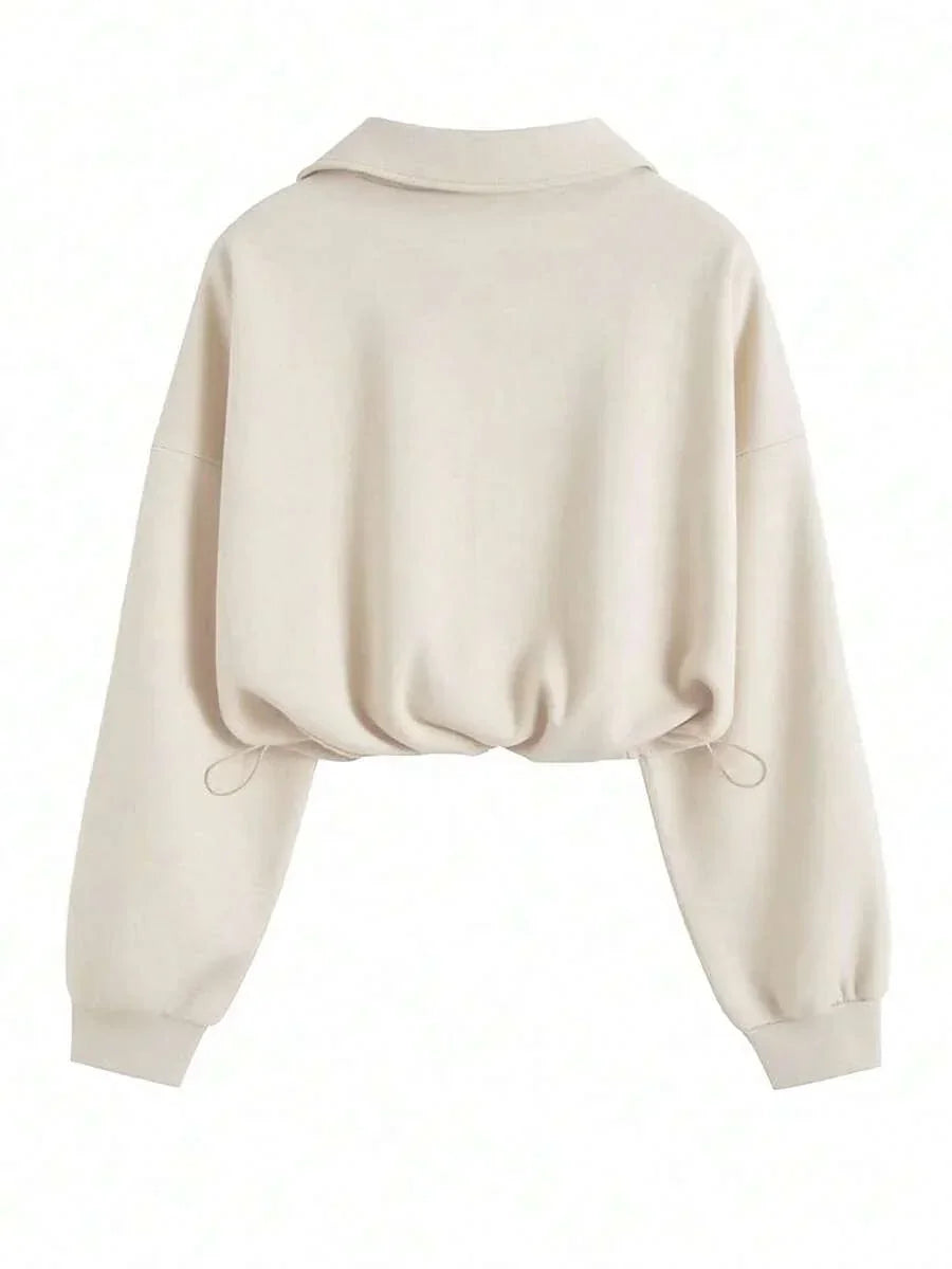 Beige cotton cropped sweatshirt with collar and drawstring hem, HUSTLE801 That Girl collection