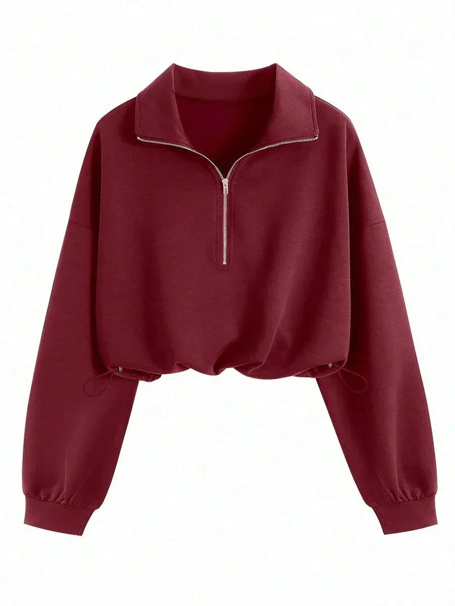 Burgundy cotton zip-up pullover sweatshirt with collar and drawstring hem from HUSTLE801.