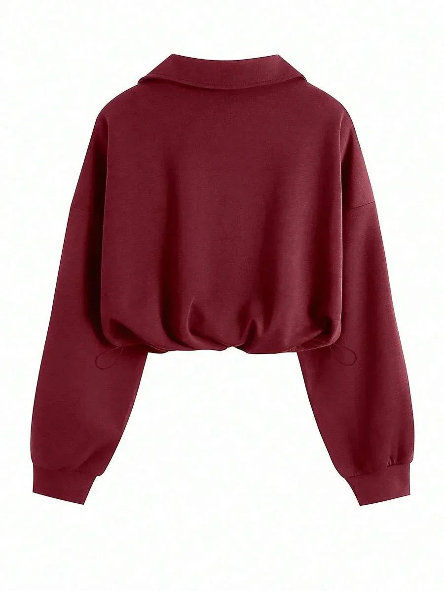 Maroon cropped sweatshirt, long sleeves, cotton fabric, HUSTLE801 That Girl beanie collection