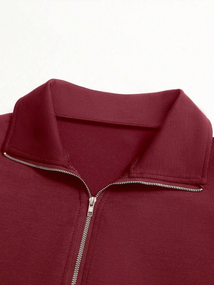 Maroon cotton zip-up collared sweatshirt with silver zipper, HUSTLE801 Half Zip Pullover