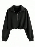 Black cotton half-zip pullover with collar, long sleeves, cropped fit, HUSTLE801 Quarter-Zip Hoodie