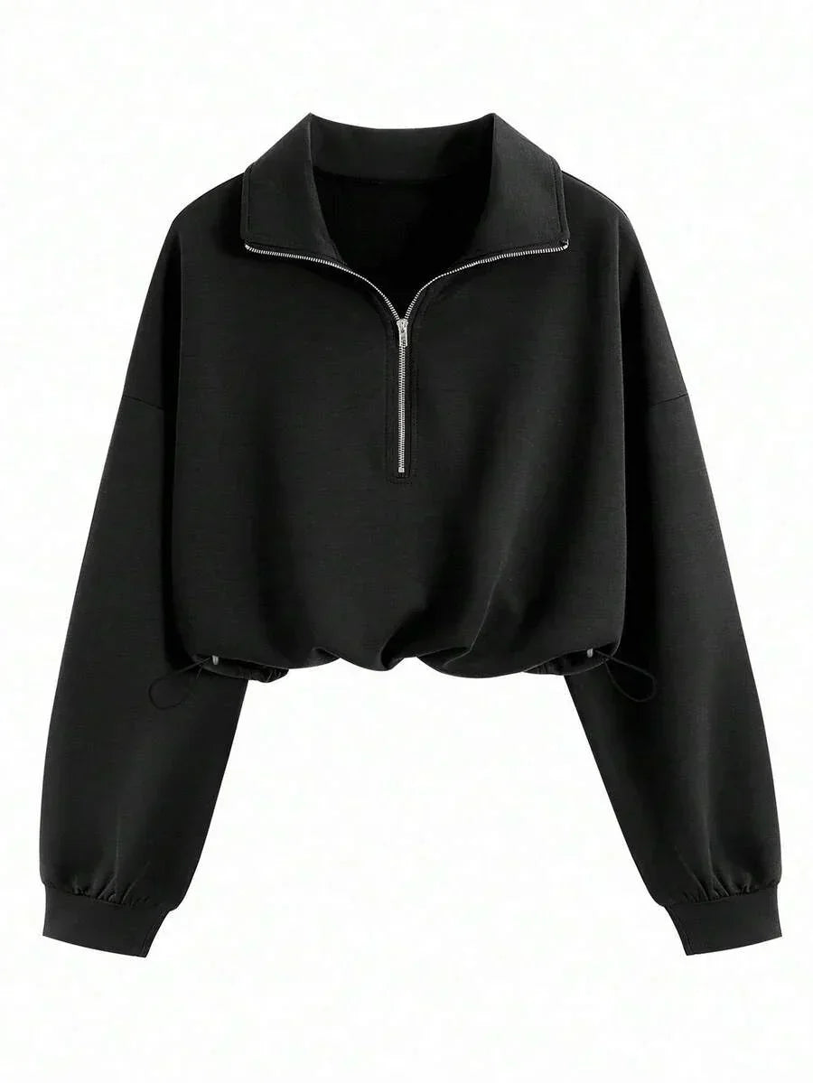 Black cotton half-zip pullover with collar, long sleeves, cropped fit, HUSTLE801 Quarter-Zip Hoodie