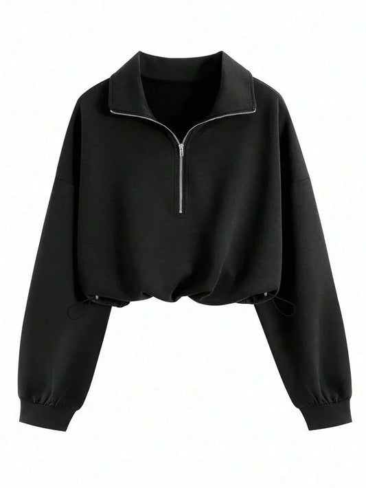 Black cotton half-zip pullover with collar, long sleeves, cropped fit, HUSTLE801 Quarter-Zip Hoodie