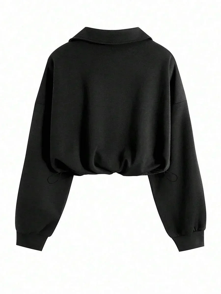 HUSTLE801 black cotton cropped jacket with collar and long sleeves, minimalistic style