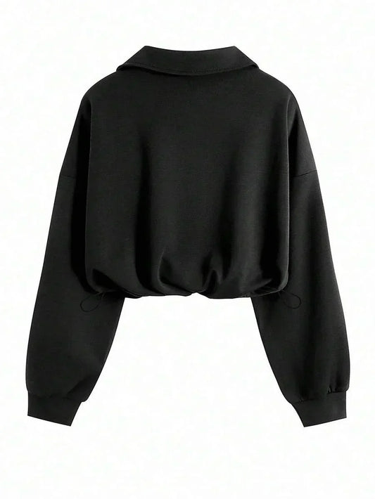 HUSTLE801 black cotton cropped jacket with collar and long sleeves, minimalistic style