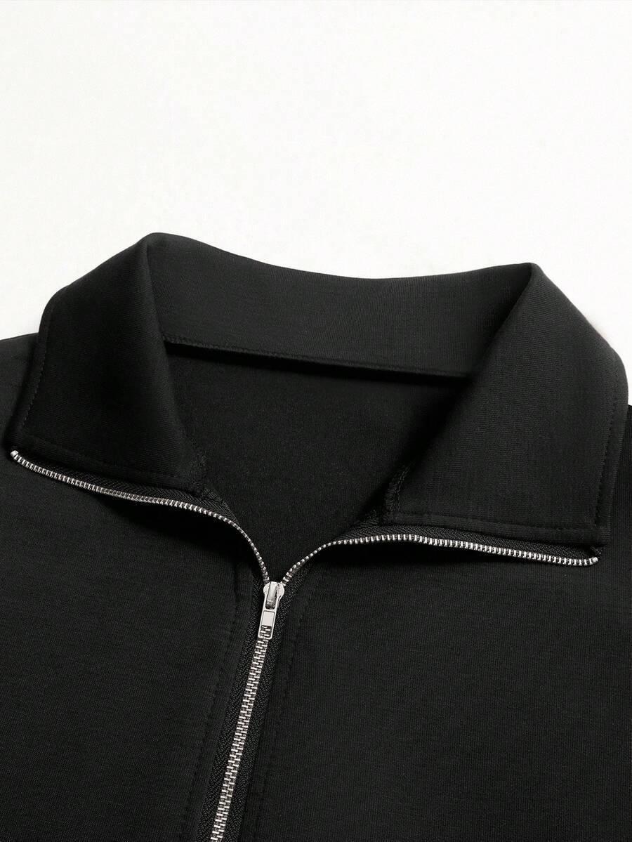 Black cotton zip-up collared jacket HUSTLE801 Minimalist Quarter Zip