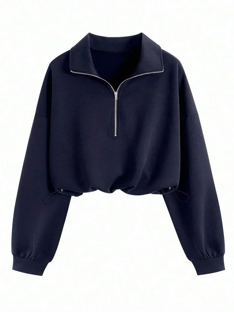Navy blue cotton cropped half-zip pullover sweatshirt HUSTLE801 with elastic hem and collar