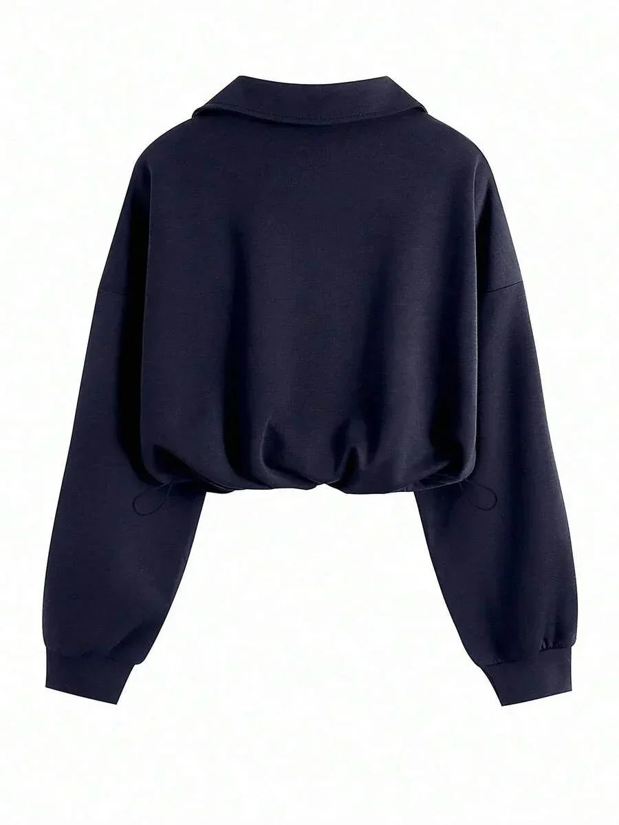 Navy blue cotton cropped sweatshirt with collar, long sleeves by HUSTLE801.