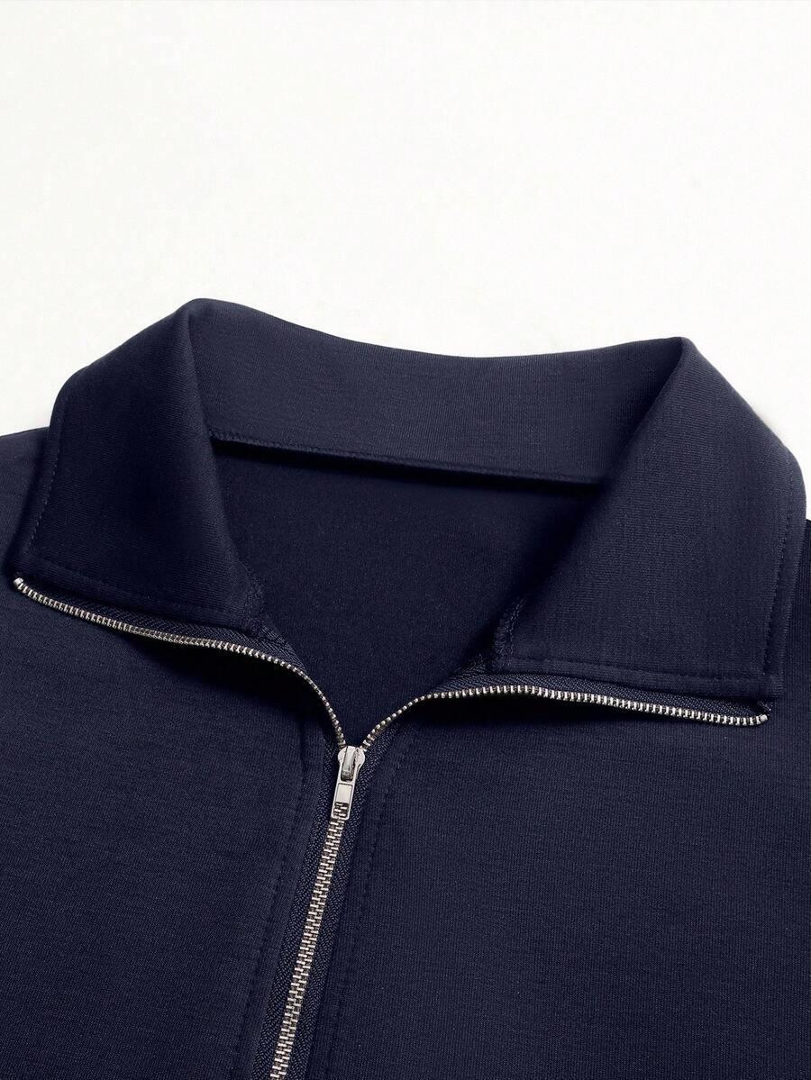 Navy blue cotton zip-up jacket with silver zipper, collared design, HUSTLE801 Track Zip Jacket