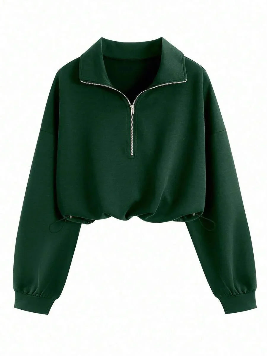 Dark green cotton half-zip pullover with collar and drawstring hem, HUSTLE801 cropped sweatshirt