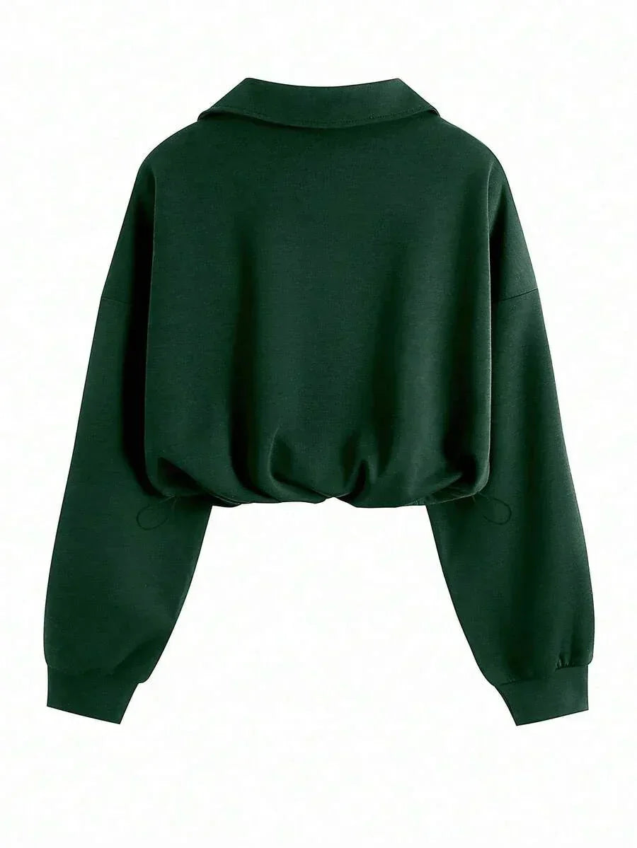Dark green cotton cropped sweater with long sleeves, HUSTLE801 That Girl Beanie collection