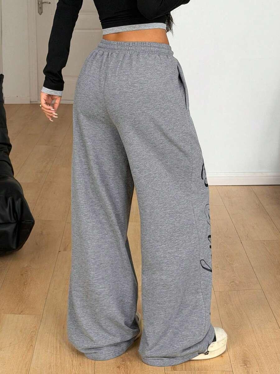 Grey cotton wide-leg sweatpants with side lettering, casual loungewear from HUSTLE801