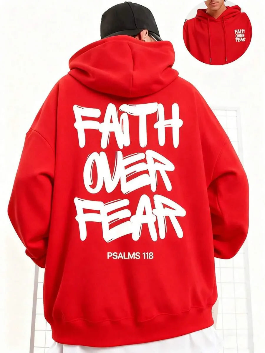 Red cotton FAITH OVER FEAR Psalms 118 hoodie with bold white lettering, streetwear style