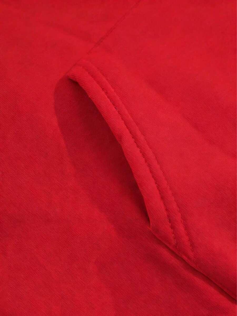 Red cotton HUSTLE801 sweatpants pocket close-up, soft material with neat stitching