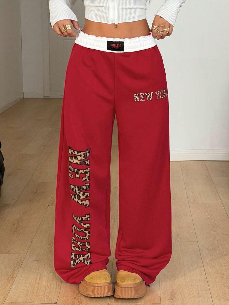 Red cotton wide-leg sweatpants with leopard print New York text from COLLAR, elastic waist