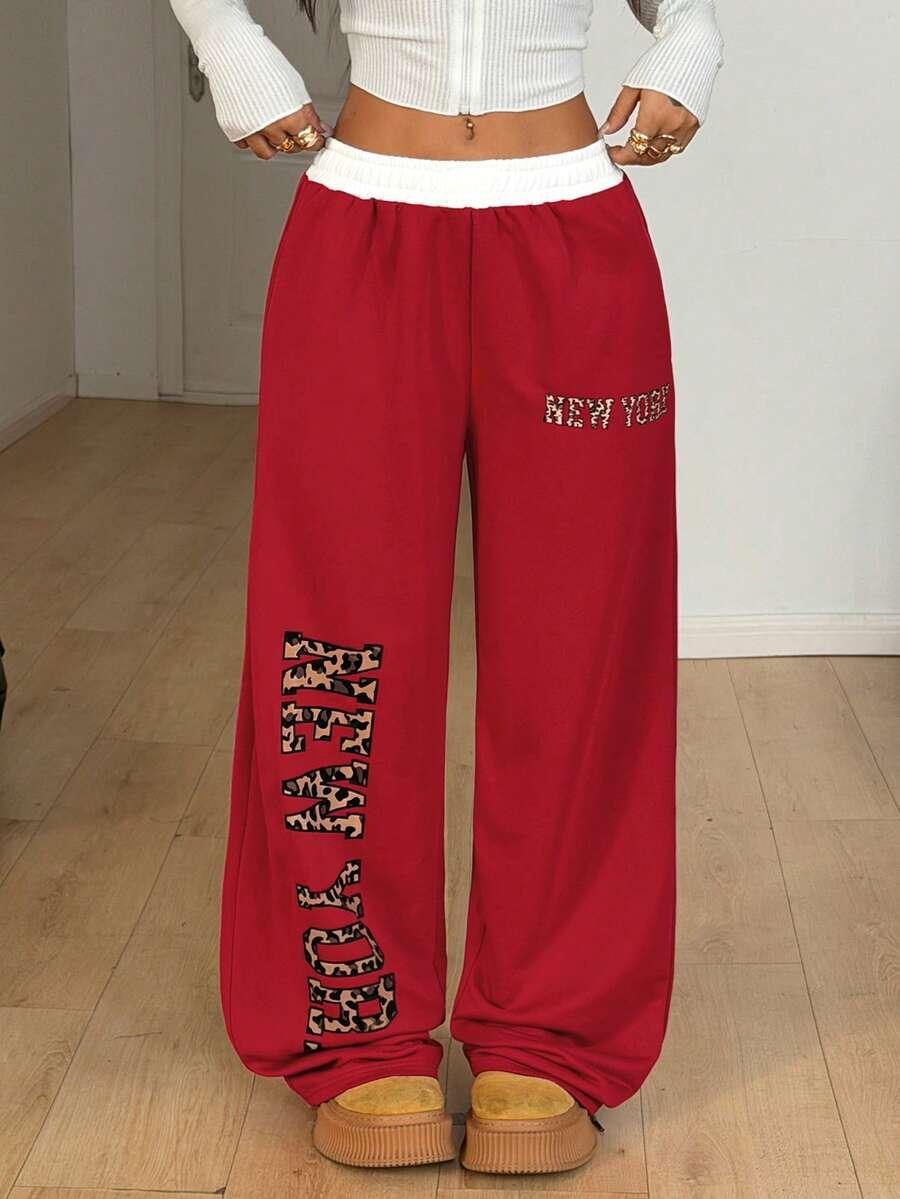 Red cotton New York Wide Leg Sweatpants with leopard print text, elastic waist, HUSTLE801 streetwear
