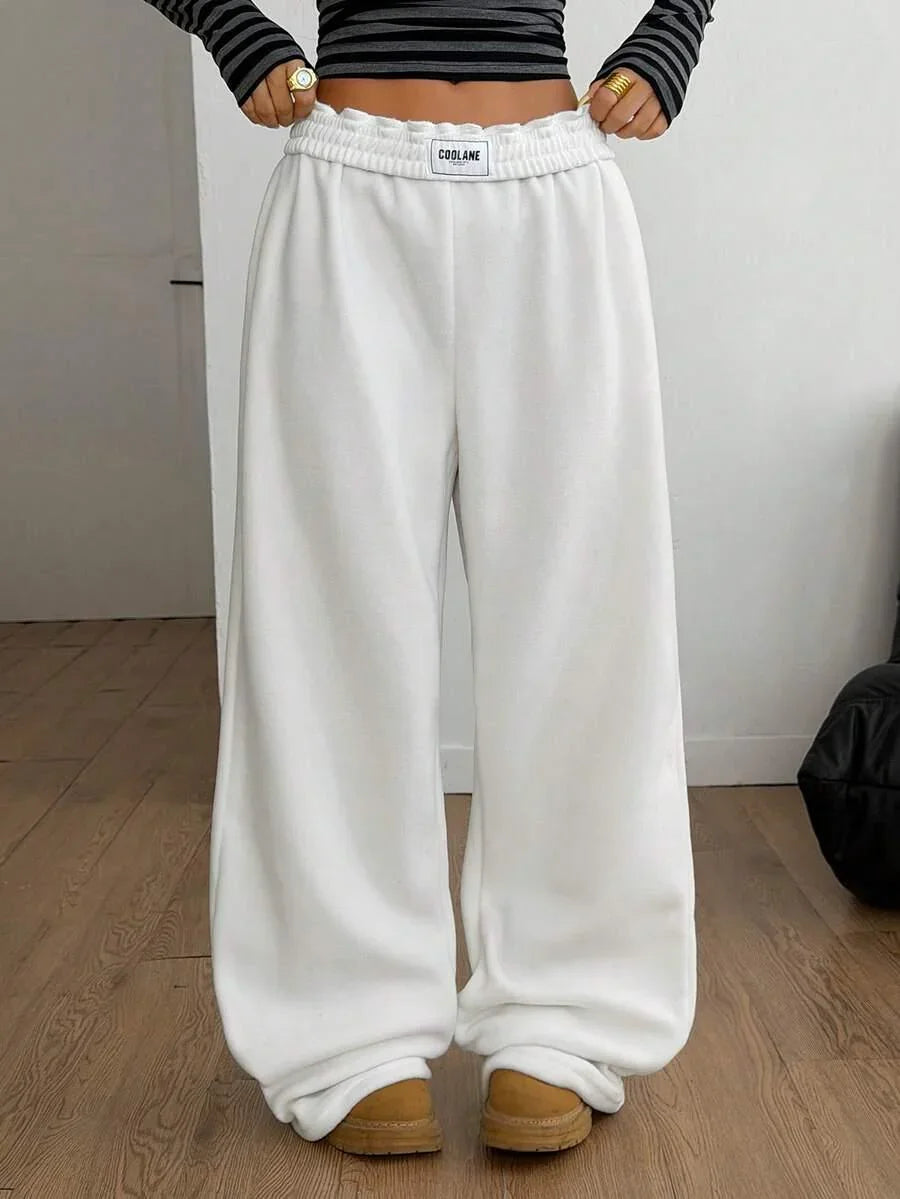 COOLANE white fleece baggy pants, elastic waist, casual fit, cozy loungewear, women's fashion