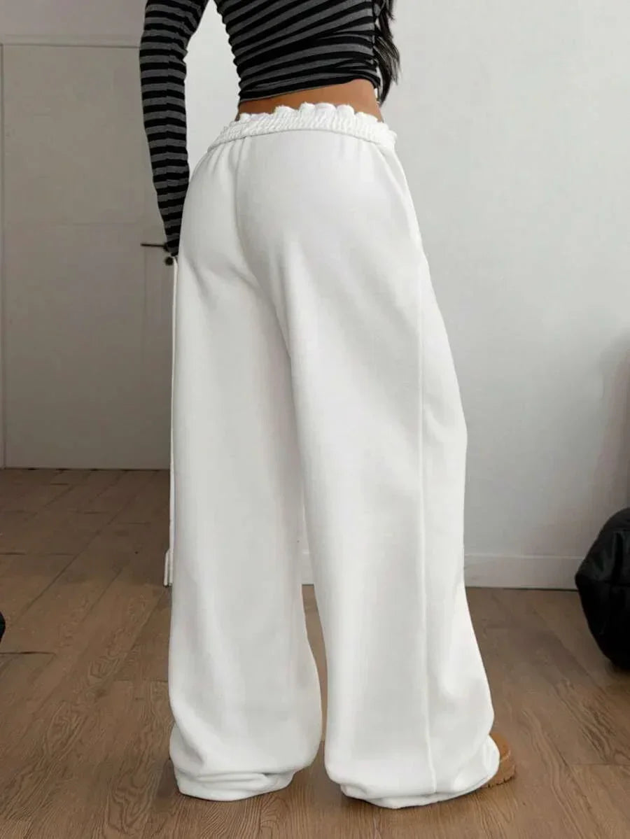 White cotton wide-leg lounge pants, baggy fit, elastic waistband, HUSTLE801 Cozy Girl Pants