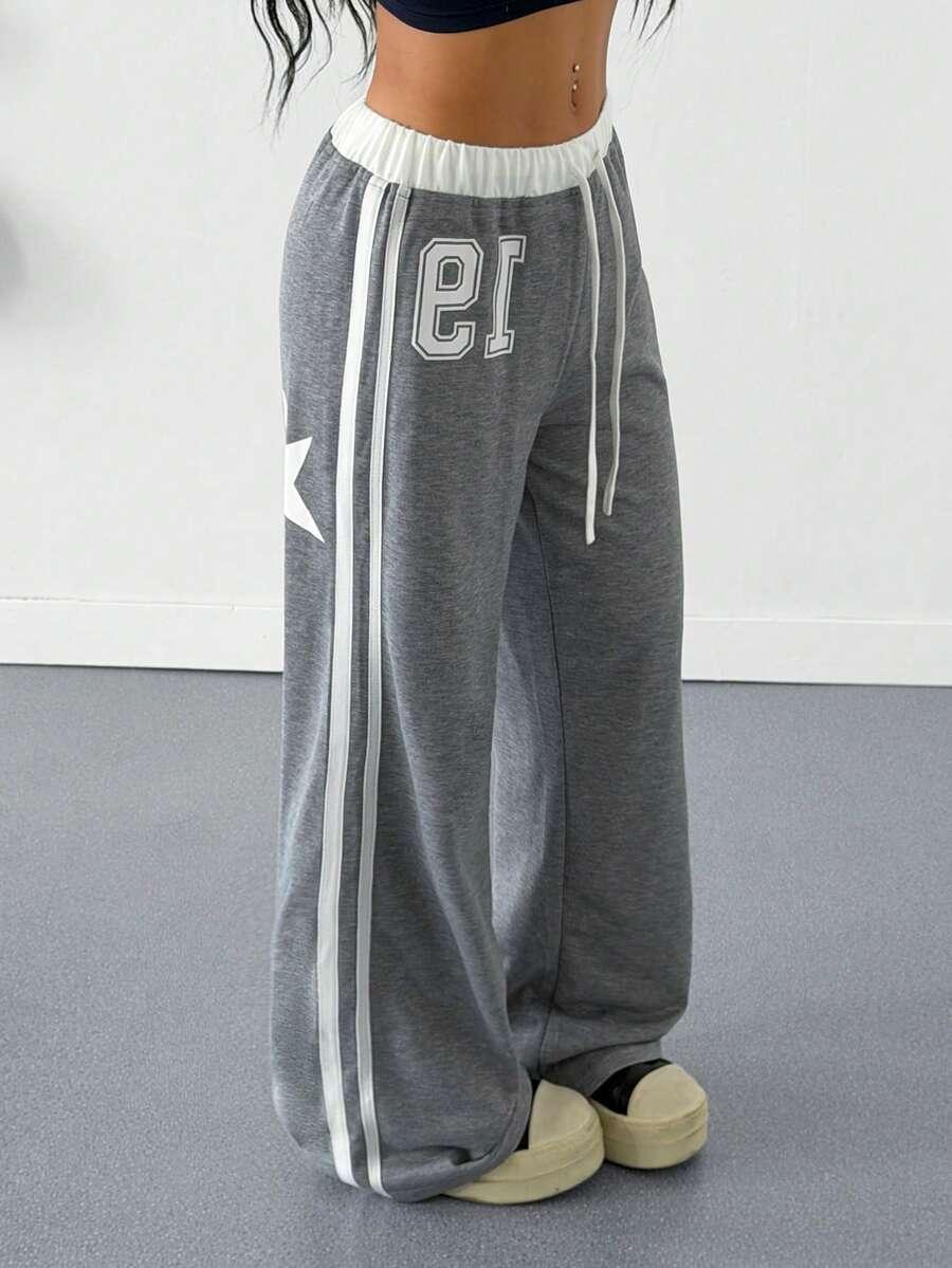 Grey cotton baggy star print sweatpants with number 19 detail, HUSTLE801, white trim