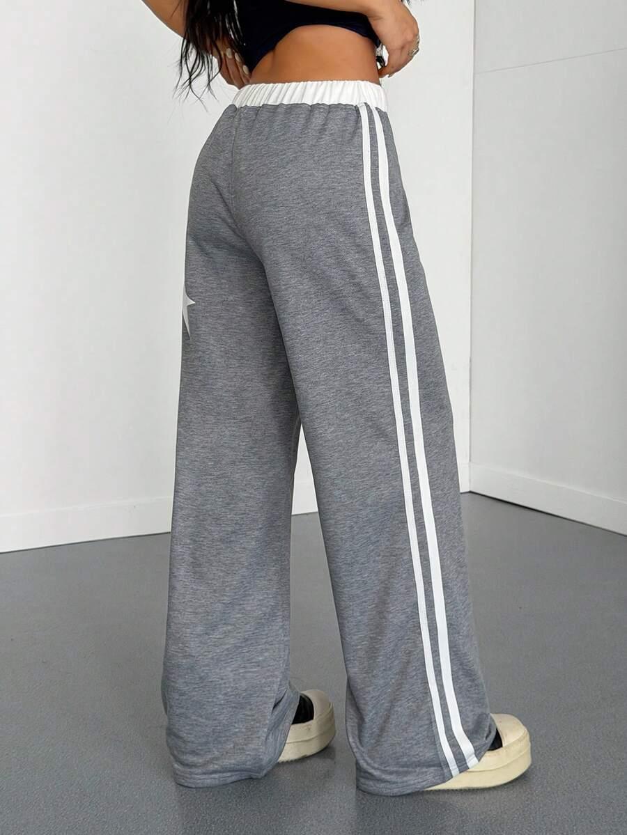 HUSTLE801 That Girl gray cotton wide-leg sweatpants with white stripes and elastic waistband