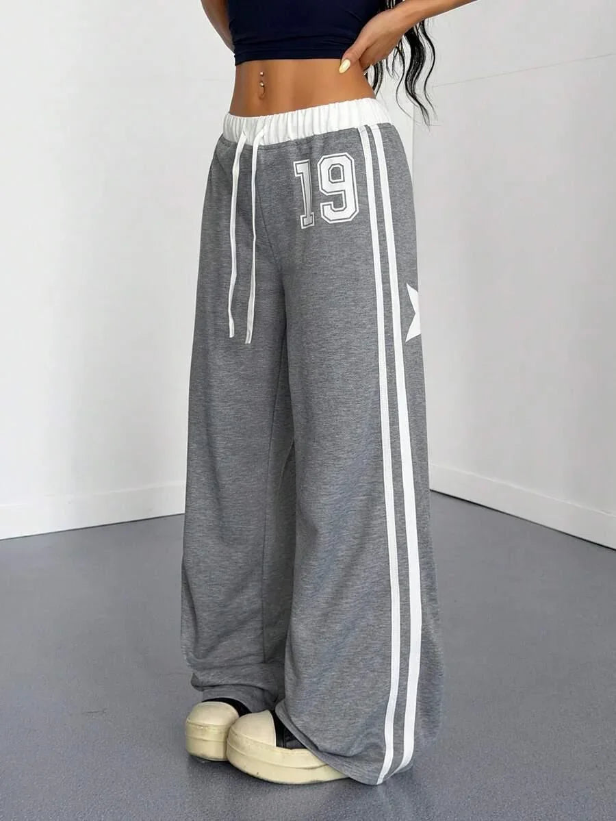 Grey cotton wide leg sweatpants with white stripes, number 19 detail, HUSTLE801, sporty loungewear