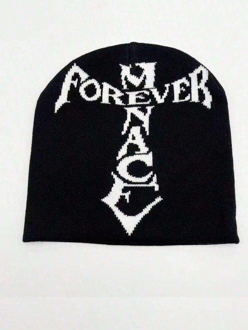 Black cotton Forever Menace beanie with white gothic lettering from HUSTLE801