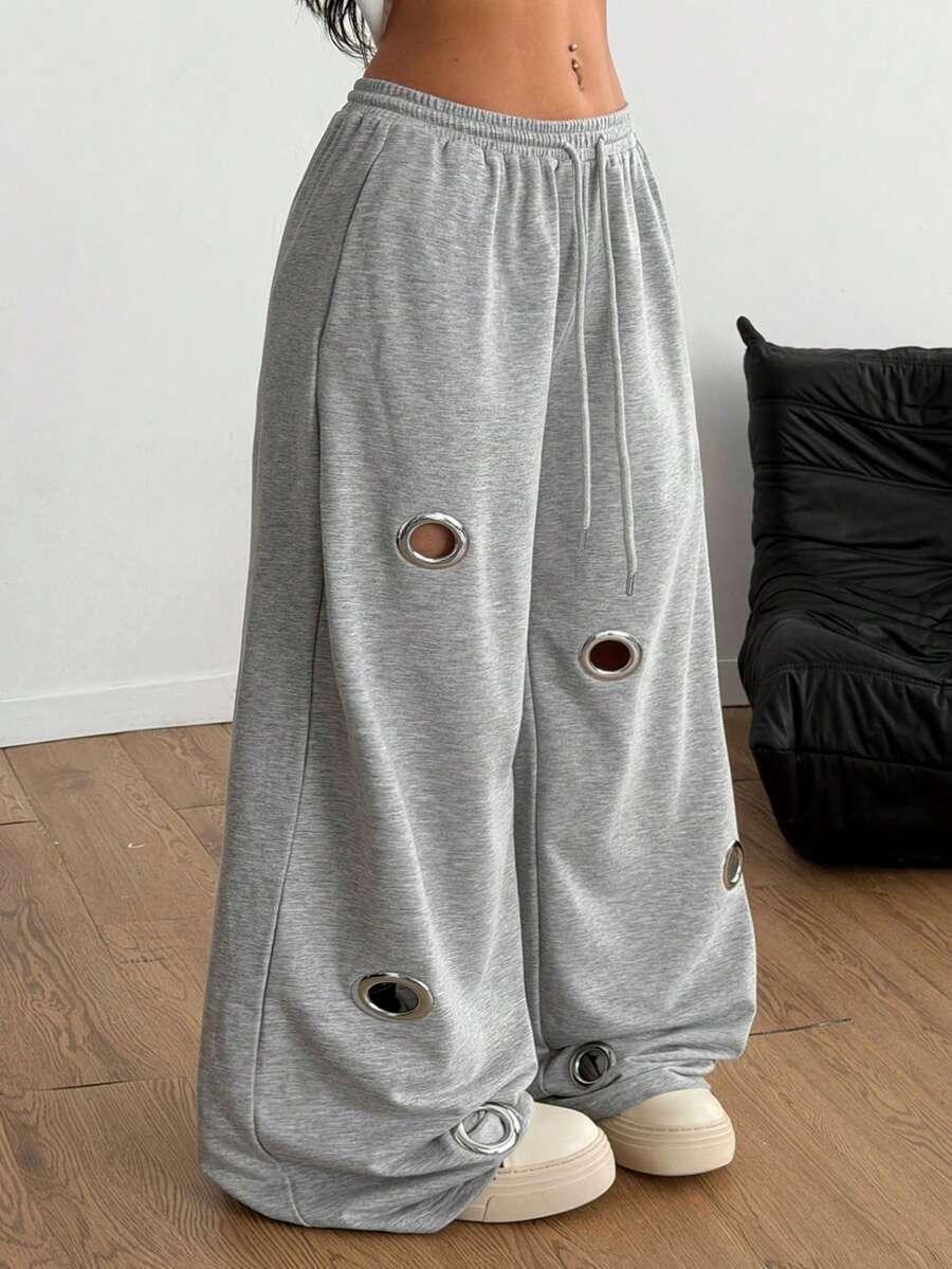 Grey cotton baggy sweatpants with metallic grommet details, HUSTLE801 baggy fit pants