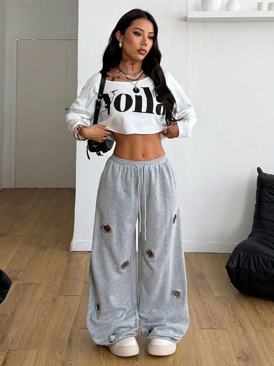 Gray cotton wide-leg sweatpants with metal grommets, relaxed fit, HUSTLE801 Voila top