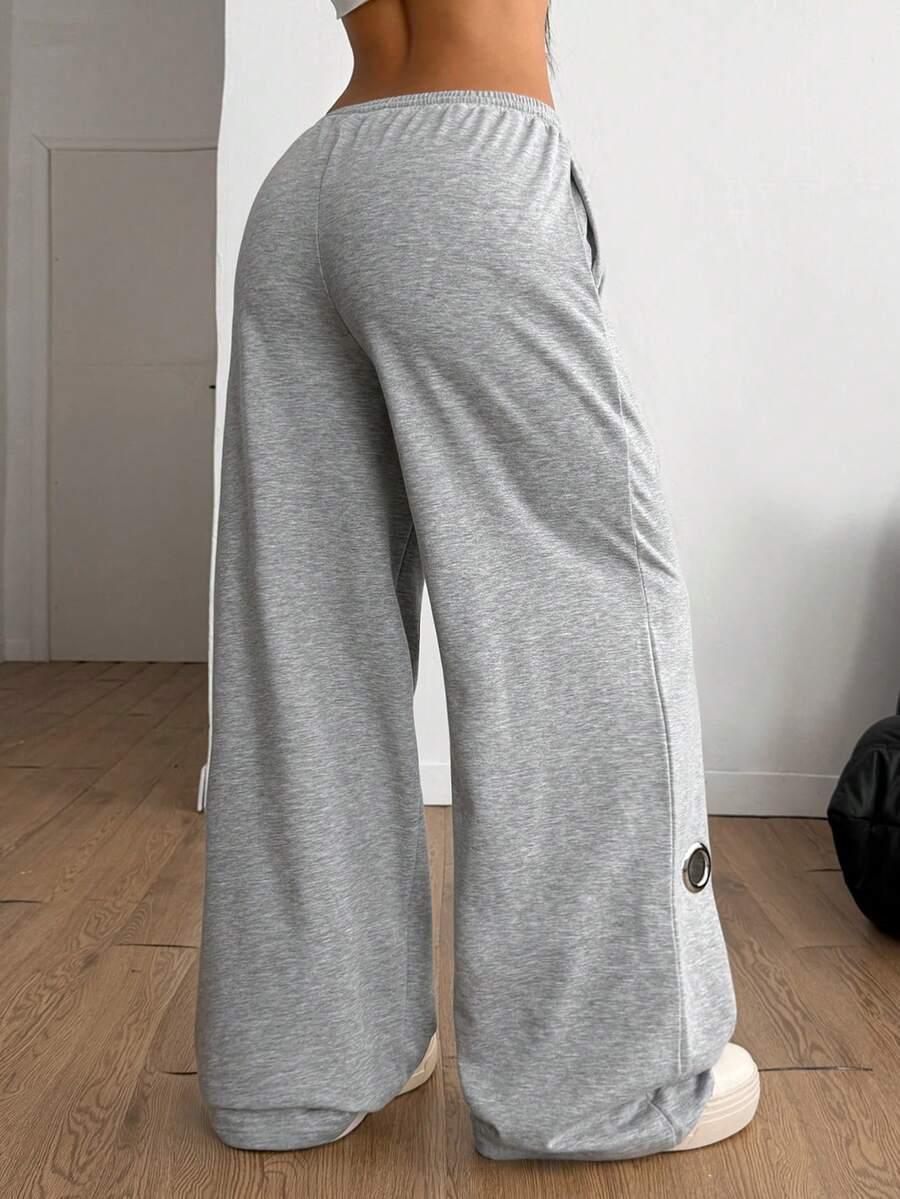 Gray wide-leg cotton sweatpants with side snap detail, HUSTLE801 That Girl Beanie Collection