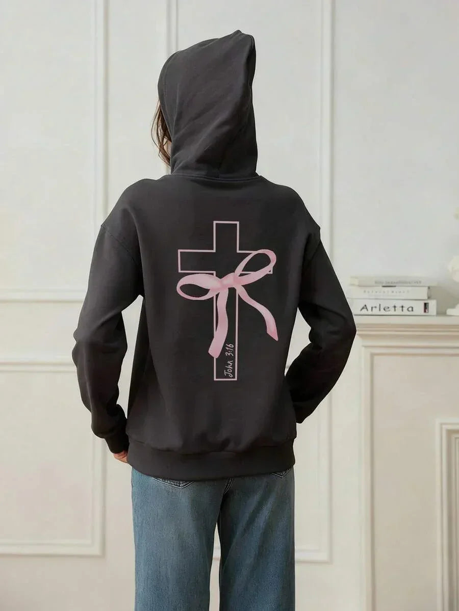 Black cotton hoodie with pink cross and bow John 3:16 design, relaxed fit, HUSTLE801 That Girl
