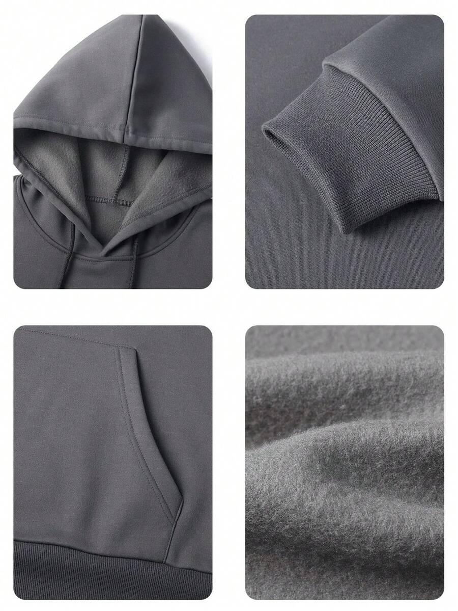 Dark gray cotton fleece hoodie details, front pocket, cuff, and soft lining, HUSTLE801 Essentials Hoodie.